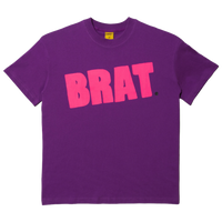 Purple tee with pink logo reading BRAT