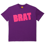 Purple tee with pink logo reading BRAT