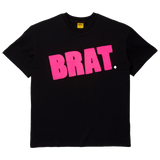 Black tee with pink logo reading BRAT