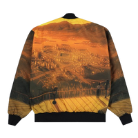 Back of an orange bomber jacket with cartoon animation