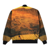 Back of an orange bomber jacket with cartoon animation