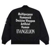 Back of a Black bomber jacket with embroidered logos reading "Multipurpose,  Humanoid, Decisive Weapon, Artificial, Human, Evangelion"