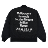 Back of a Black bomber jacket with embroidered logos reading "Multipurpose,  Humanoid, Decisive Weapon, Artificial, Human, Evangelion"