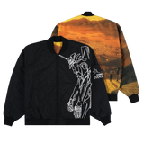 Two bomber jackets overlaid on top of each other, one black with a carton on the front, and orange print on the back