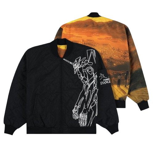 Two bomber jackets overlaid on top of each other, one black with a carton on the front, and orange print on the back