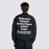 Back of a Male wearing black bomber jacket reading "Multipurpose Humanoid Decisive Weapon Artificial Human Evangelion" 