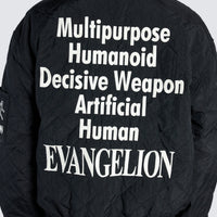 Back of a Male wearing black bomber jacket reading "Multipurpose Humanoid Decisive Weapon Artificial Human Evangelion" 