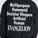 Back of a Male wearing black bomber jacket reading "Multipurpose Humanoid Decisive Weapon Artificial Human Evangelion" 