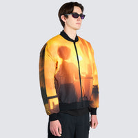 Male wearing orange bomber jacket with cartoon imagery